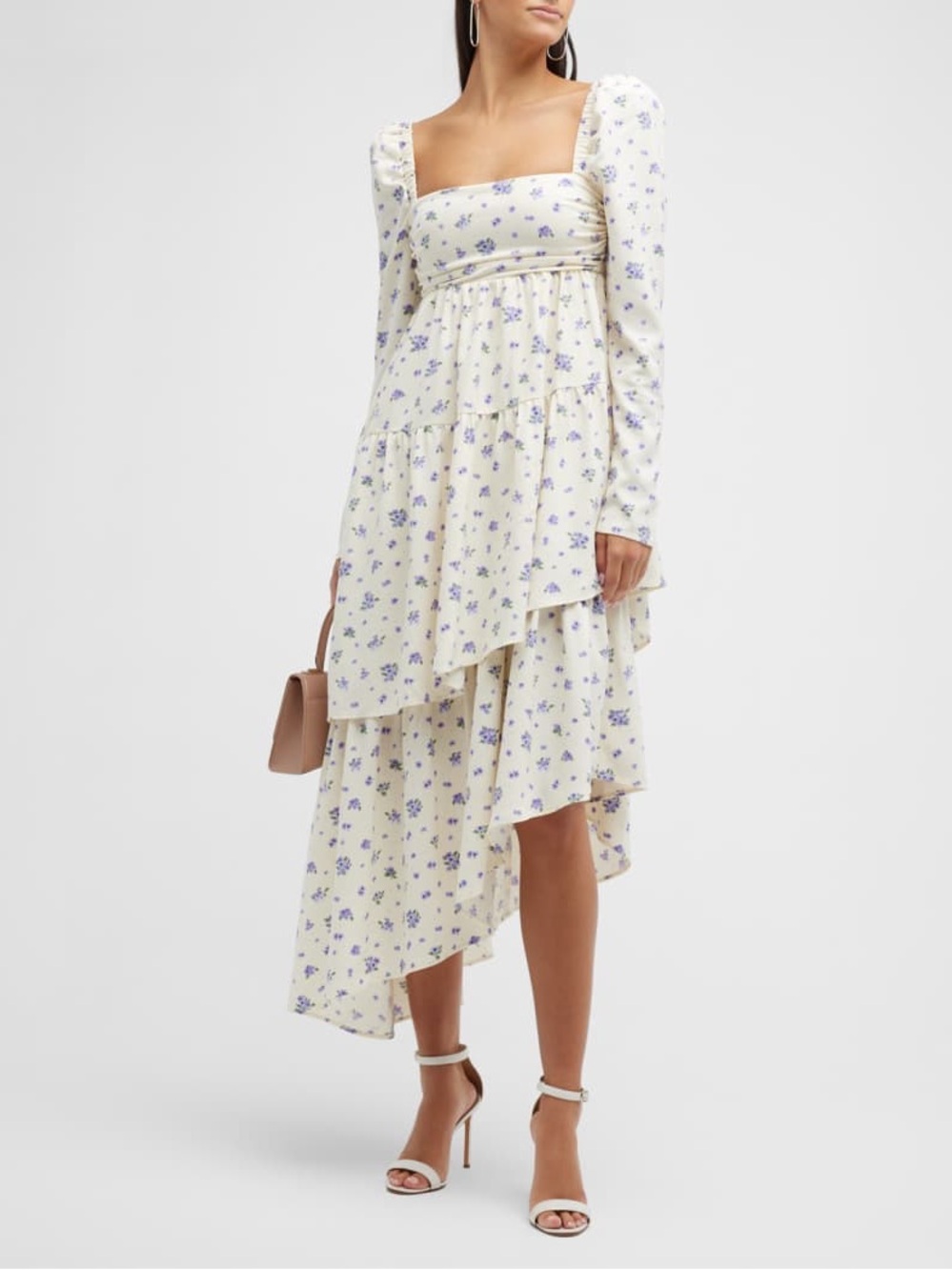 We Wore What Neiman Marcus Floral Asymmetric Puff-Sleeve Tiered Dress 2